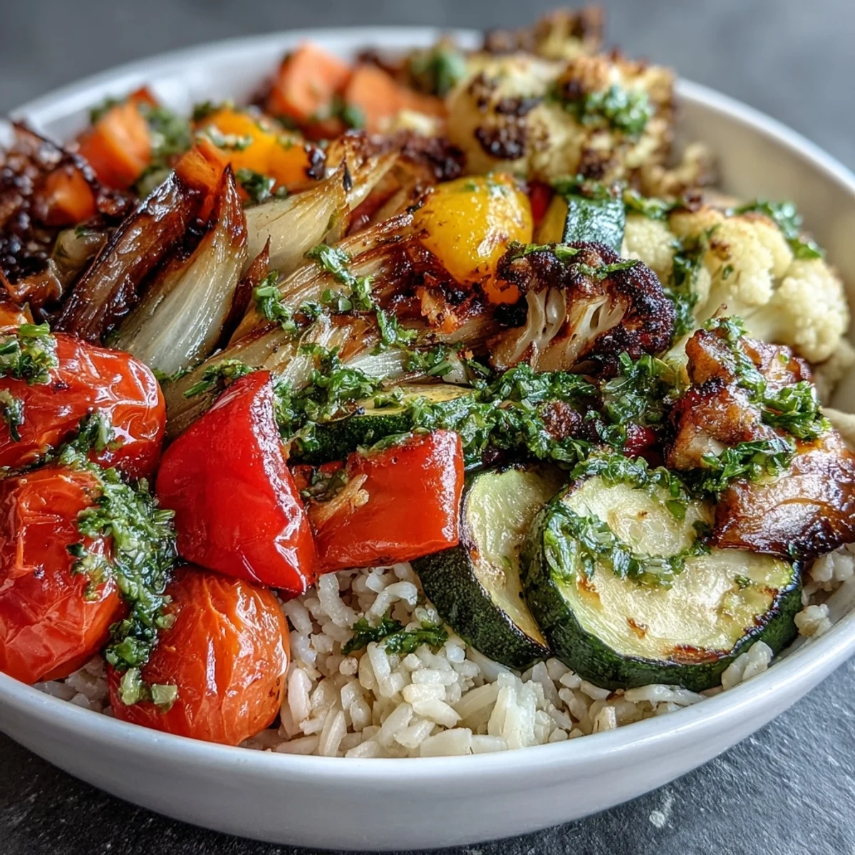 Serving suggestion for a Rainbow Roasted Vegetable Bowl, plated with golden roasted veggies and a generous drizzle of fresh lemony sauce.