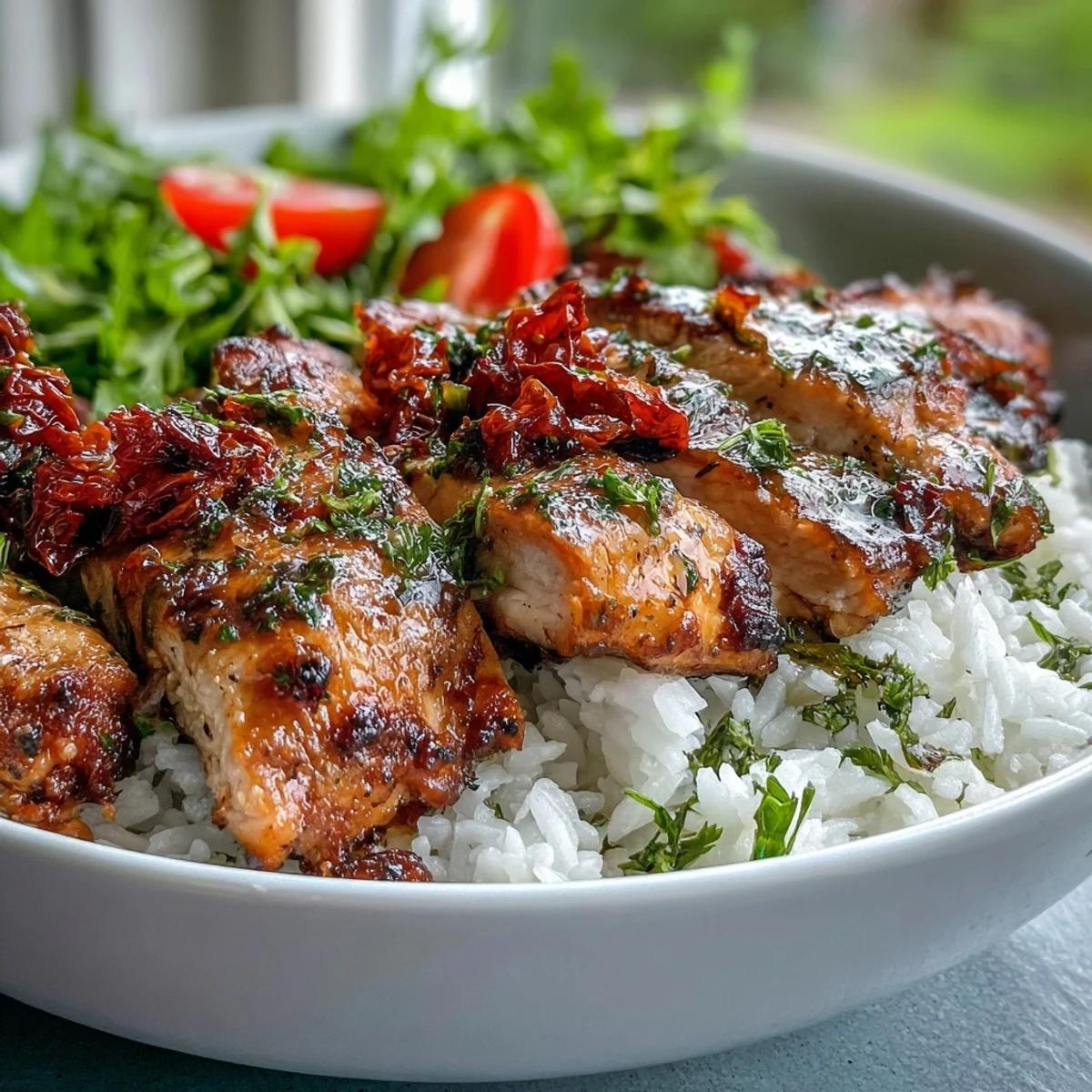 Golden-brown marinated chicken sliced over fluffy rice with fresh greens and cherry tomatoes in a Sun-Dried Tomato Chicken Bowl.