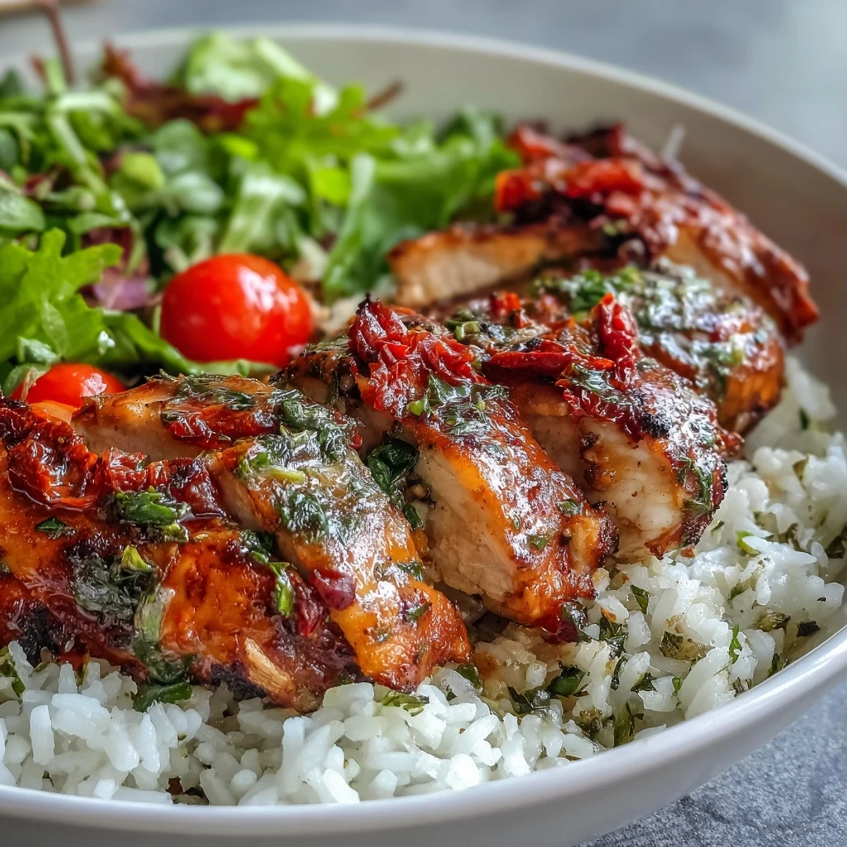 Hearty Sun-Dried Tomato Chicken Bowl served warm with lemony rice, vibrant vegetables, and a drizzle of sun-dried tomato oil.