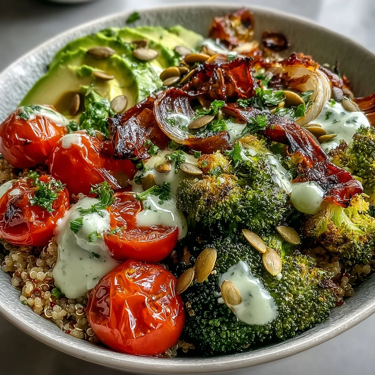 Roasted vegetables and chickpeas for a Vegetable and Legume Bowl, drizzled with creamy tahini sauce.
