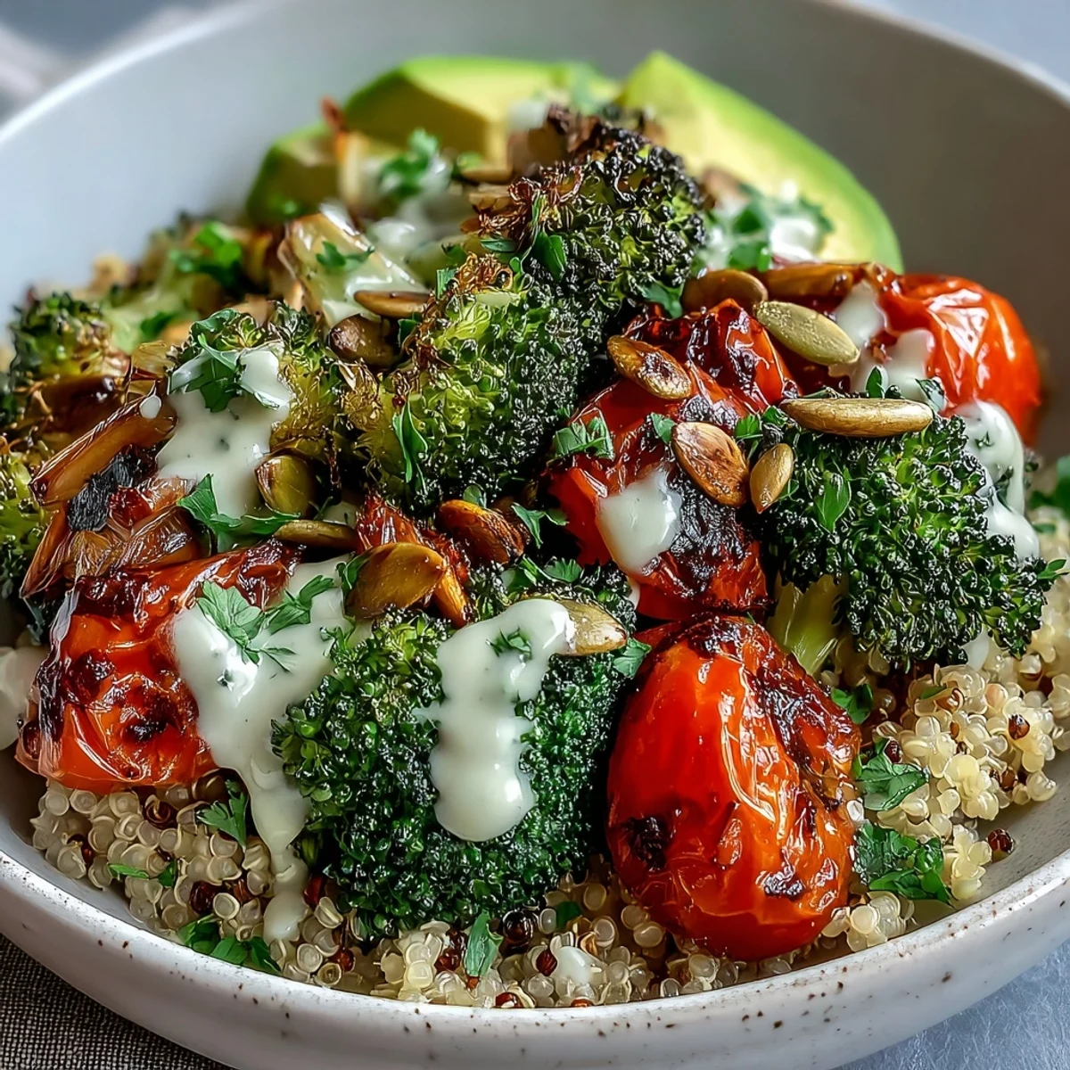 A vibrant Vegetable and Legume Bowl with roasted broccoli, bell peppers, and pumpkin seeds on whole grains.