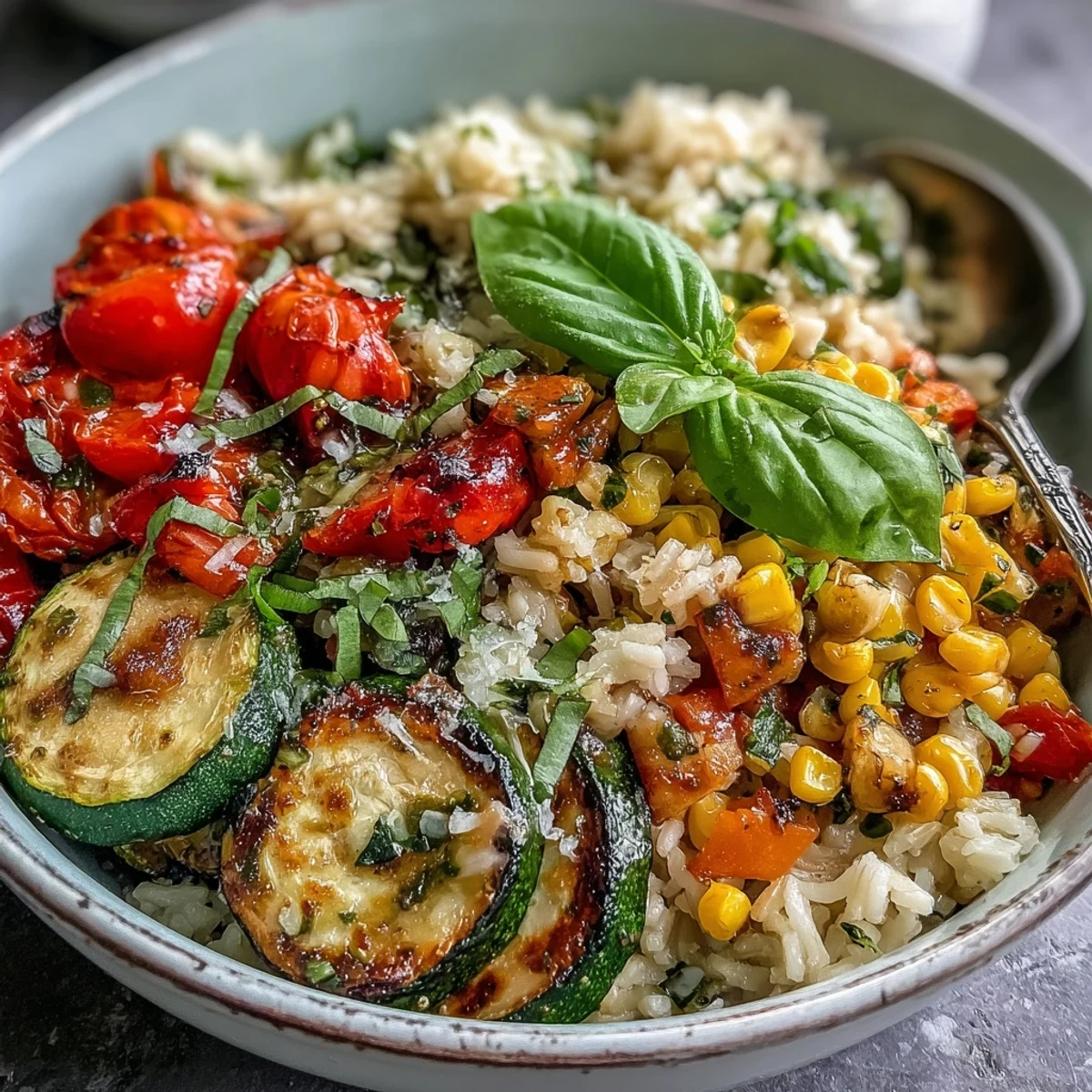 Fresh Summer Vegetable Bowl with sautéed zucchini, corn, and juicy tomatoes served over fluffy rice and topped with basil.