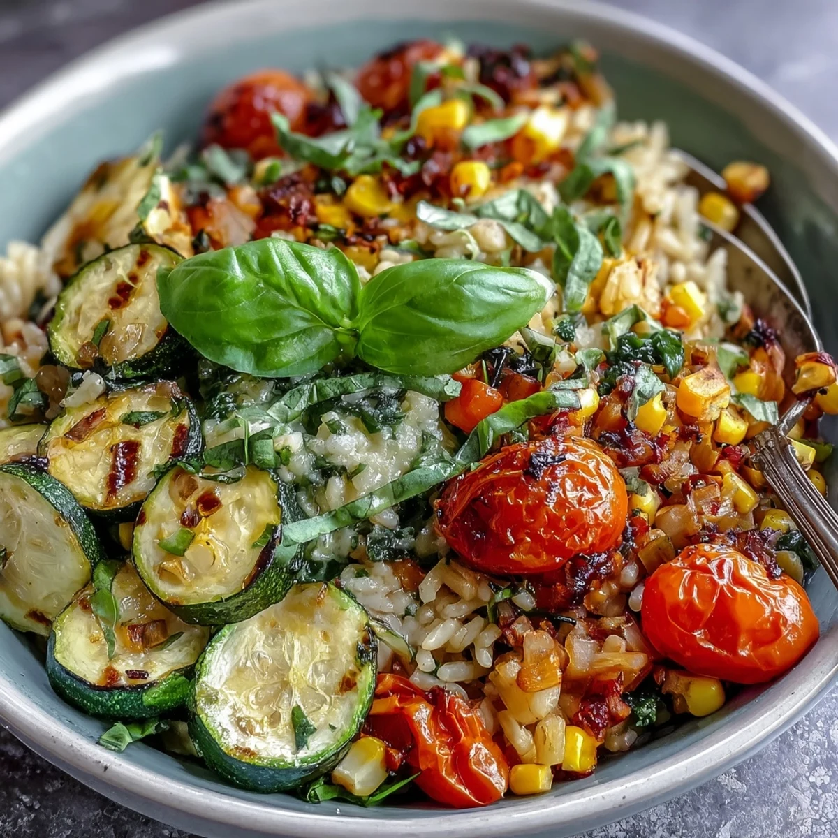 Colorful Summer Vegetable Bowl featuring bell peppers and sweet corn, plated with white rice and finished with a lemon drizzle.