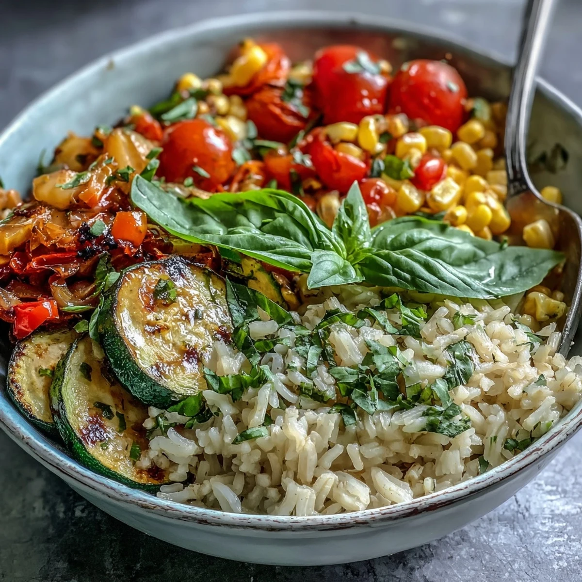 Vibrant Summer Vegetable Bowl with tender zucchini and cherry tomatoes, garnished with torn basil for a fragrant summer meal.