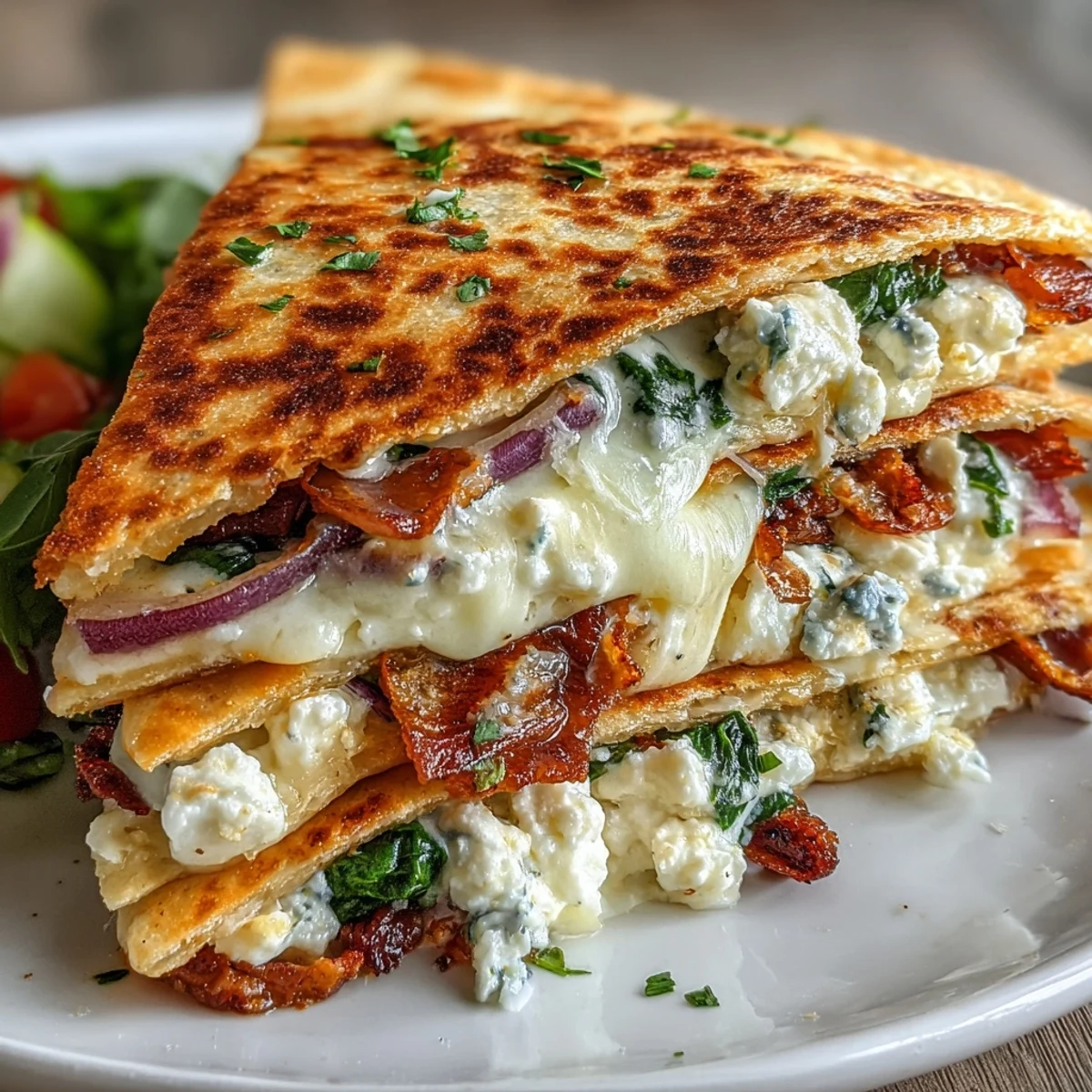 Golden-brown Mediterranean Quesadillas with spinach, feta, and red onion slices served on a plate.