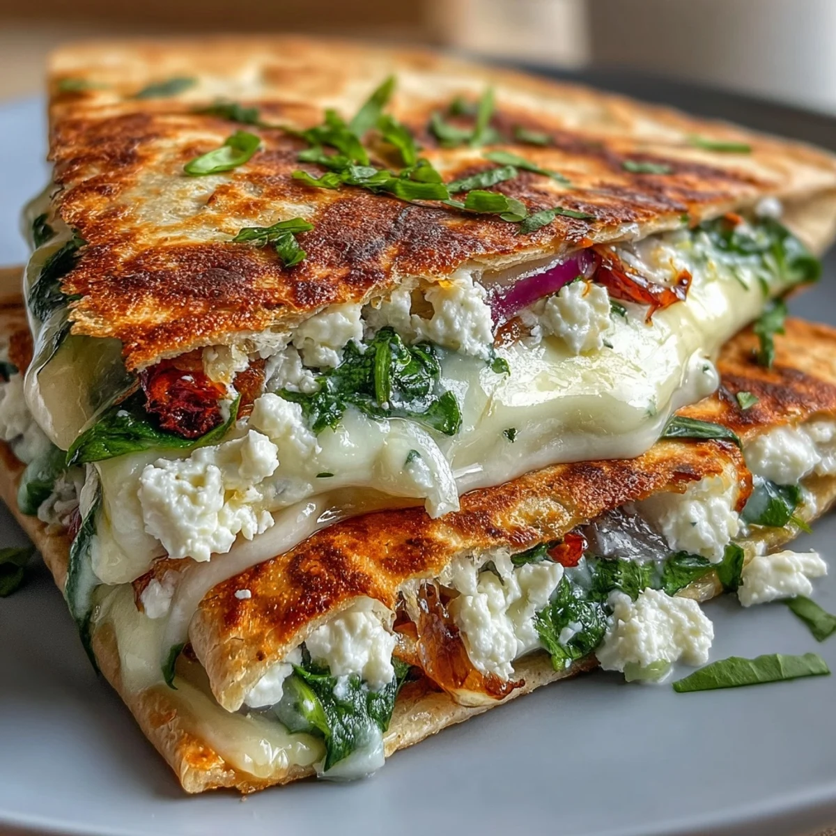 Sizzling vegetarian quesadilla wedge with melted mozzarella and fresh spinach filling, ready to eat.