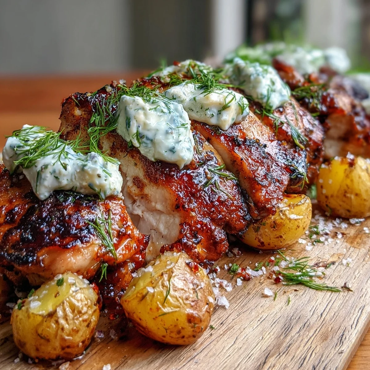 Juicy grilled Spicy Yogurt Marinated Chicken topped with creamy dill feta sauce and golden crispy baby potatoes on a dinner plate.