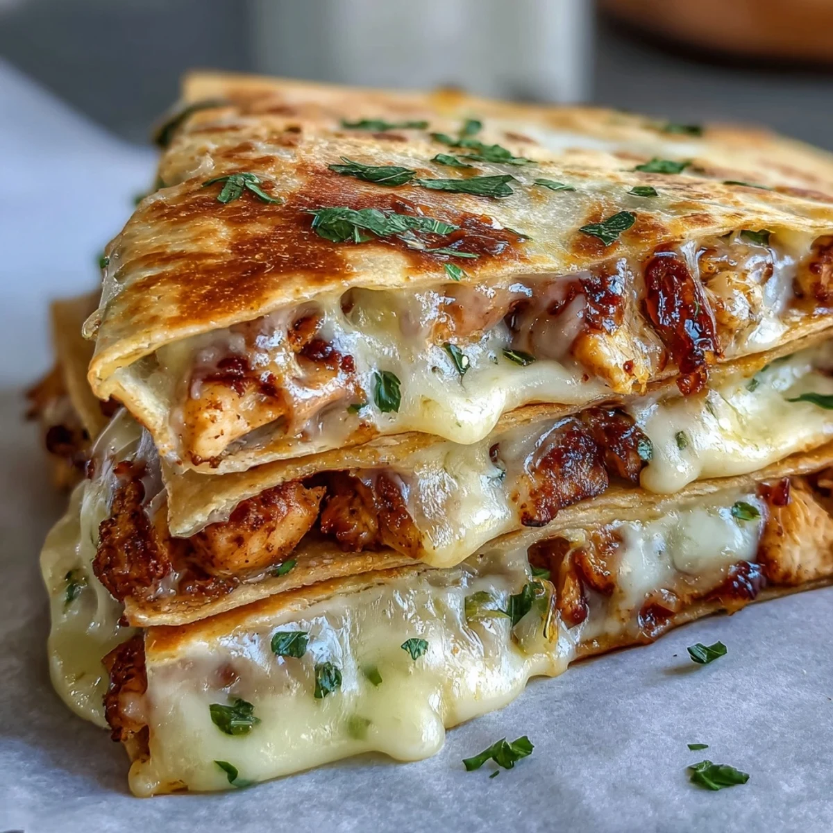 A plate of Cheesy Hot Honey Chicken Quesadillas served with a bowl of jalapeño cream sauce for dipping.
