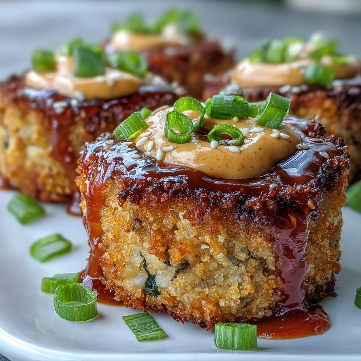 Crispy-edged Asian-Style Tuna Cakes garnished with green onions and sesame seeds on a platter. 
