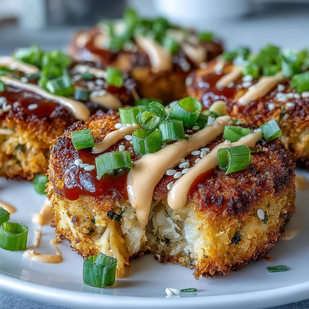 Freshly fried Asian-Style Tuna Cakes drizzled with creamy spicy mayo for a flavorful appetizer.