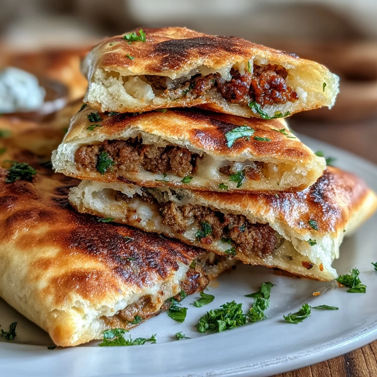 Freshly grilled Lebanese Arayes arranged on a rustic plate, golden pita brushed with olive oil and garnished with vibrant chopped parsley.