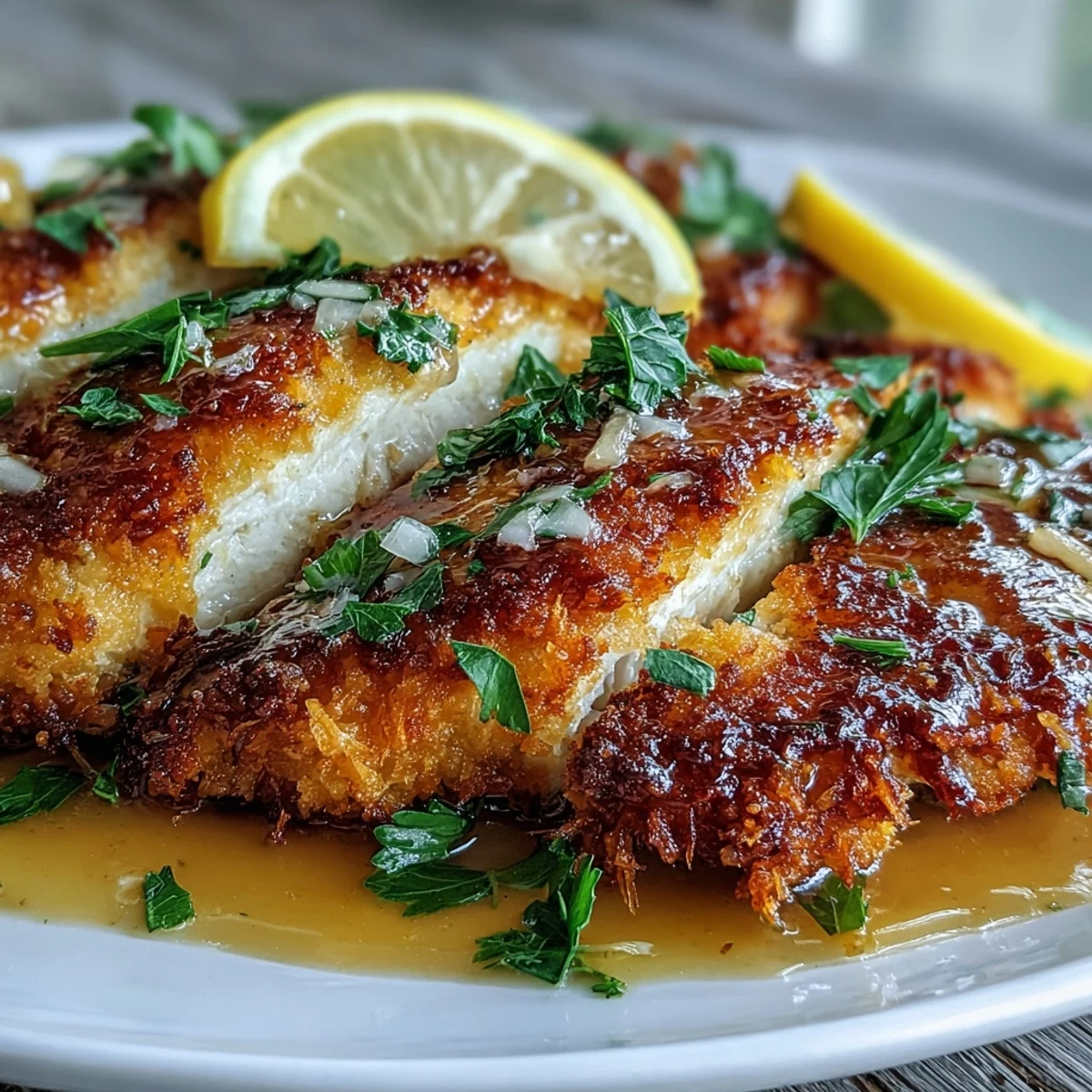 Golden, crispy Lemon Parmesan Crusted Chicken cutlets resting on a plate, topped with a bright, silky lemon butter sauce and fresh parsley.