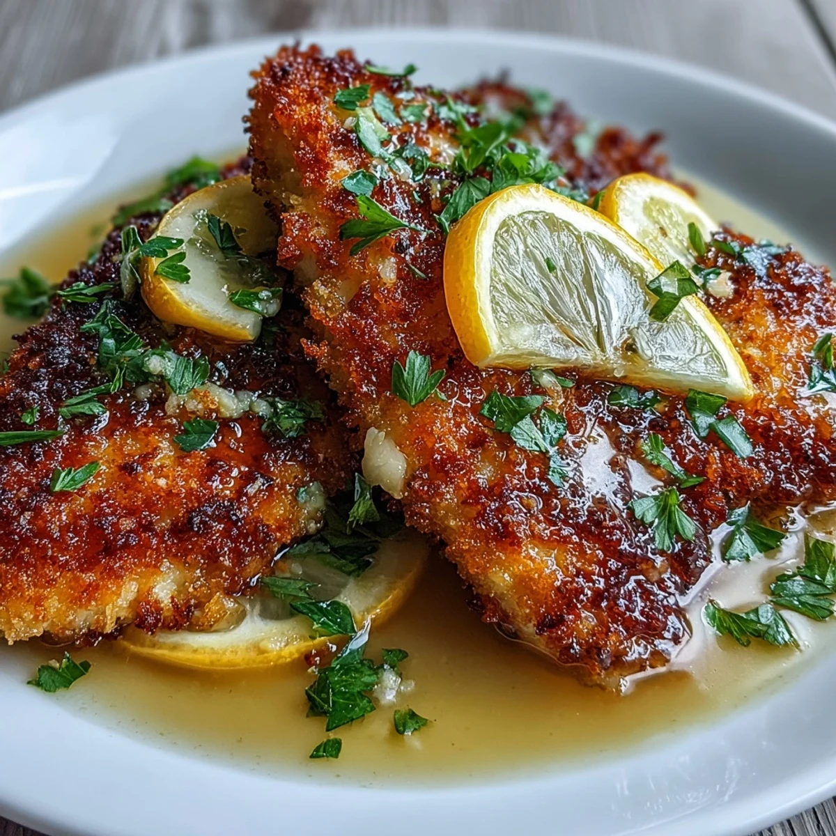 Sizzling, breaded chicken breasts finished with a rich lemon butter sauce, garnished with chopped parsley and lemon wedges on a platter.