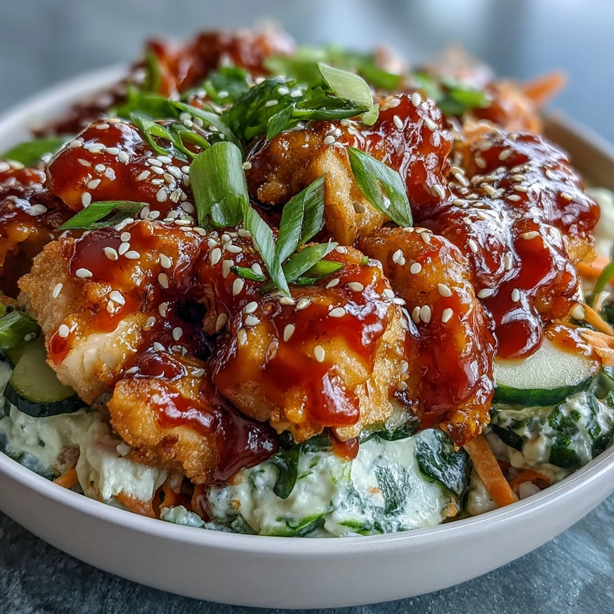 A close-up of a Bang Bang Chicken Bowl showing golden sautéed chicken, crisp shredded carrots and red cabbage, and creamy white rice drizzled with spicy Bang Bang sauce.