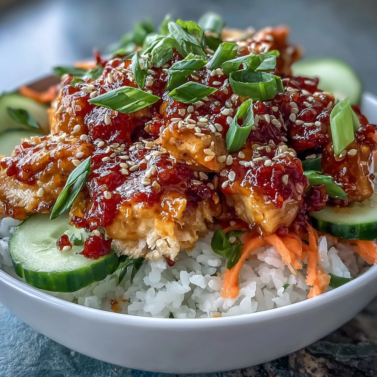 Overhead view of a Bang Bang Chicken Bowl with vibrant green onions and sesame seeds topping tender chicken, crunchy cucumber slices, and fluffy white rice.