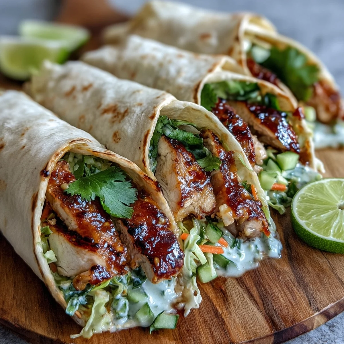 Plated Sweet Chili Chicken Wraps cut diagonally to reveal vibrant fillings, served with fresh lime wedges and a drizzle of sweet chili sauce.