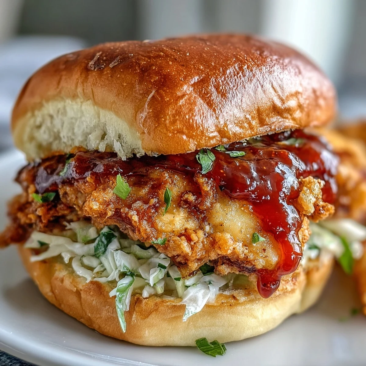 Golden-brown Thai Fried Chicken Sandwich on a plate with shredded cabbage and pickled carrots, drizzled with spicy mayo.