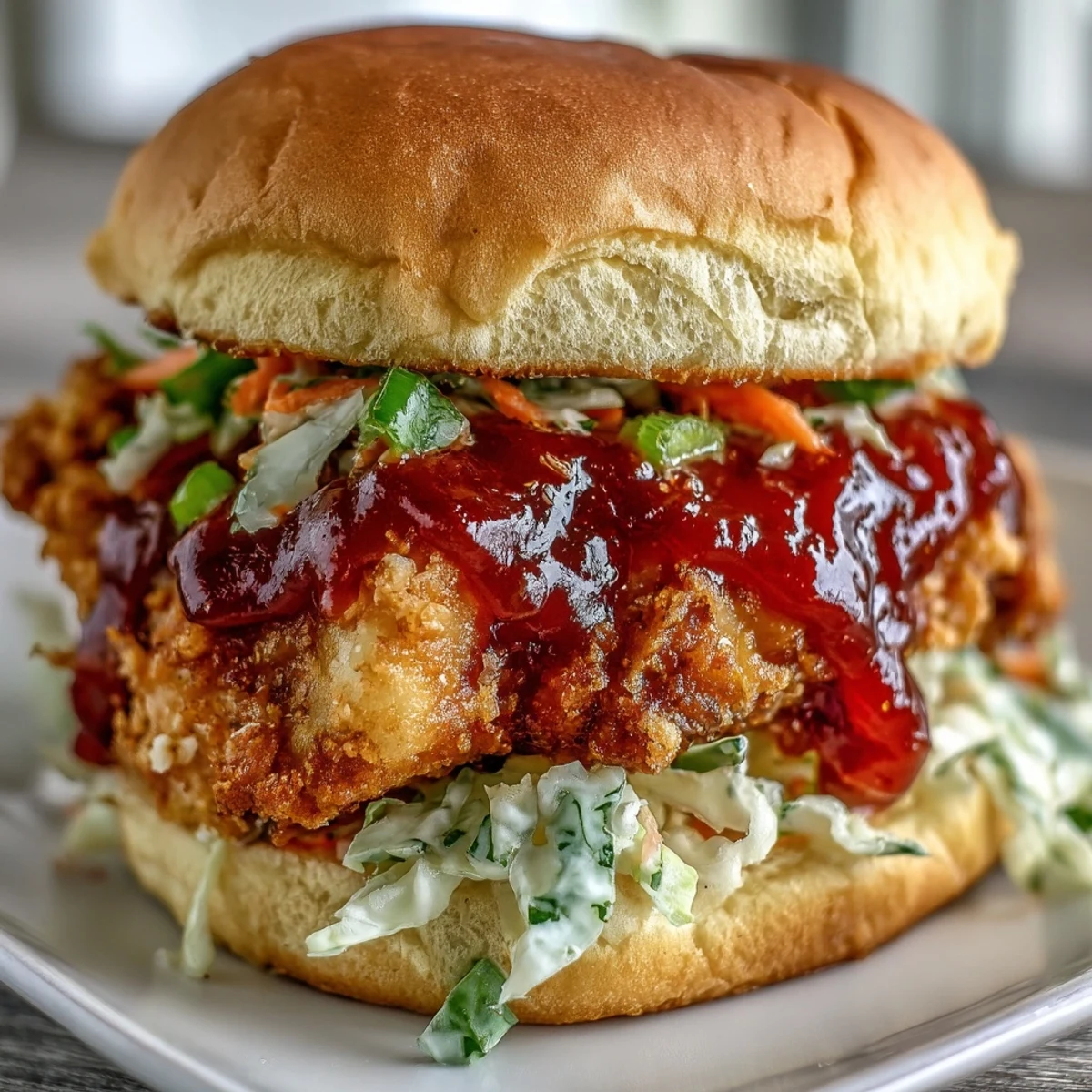 The crispy coating of a Thai Fried Chicken Sandwich shows juicy chicken nestled in a soft toasted brioche bun.