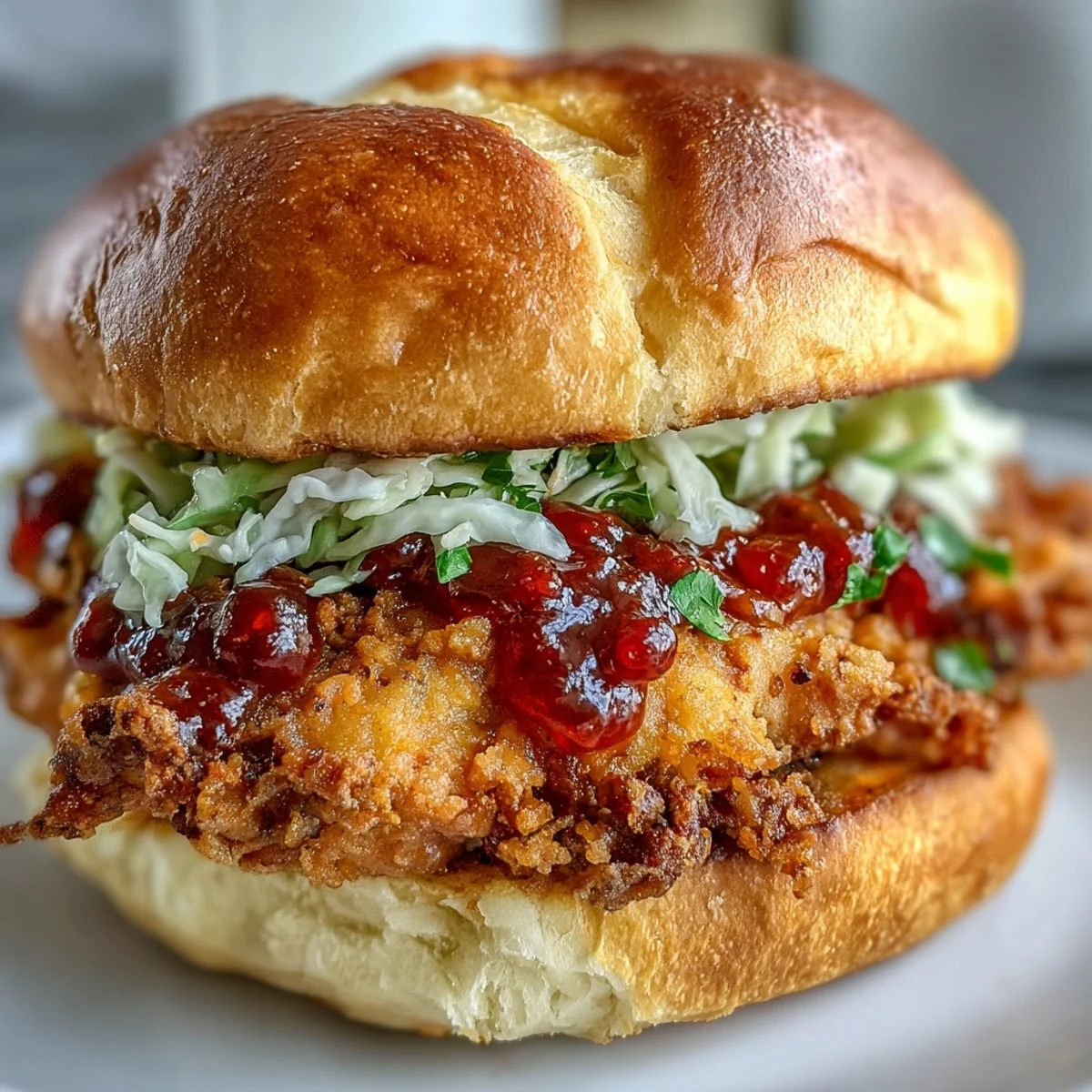 Close-up of a Thai Fried Chicken Sandwich with fresh cilantro garnish and vibrant veggies, ready to eat.
