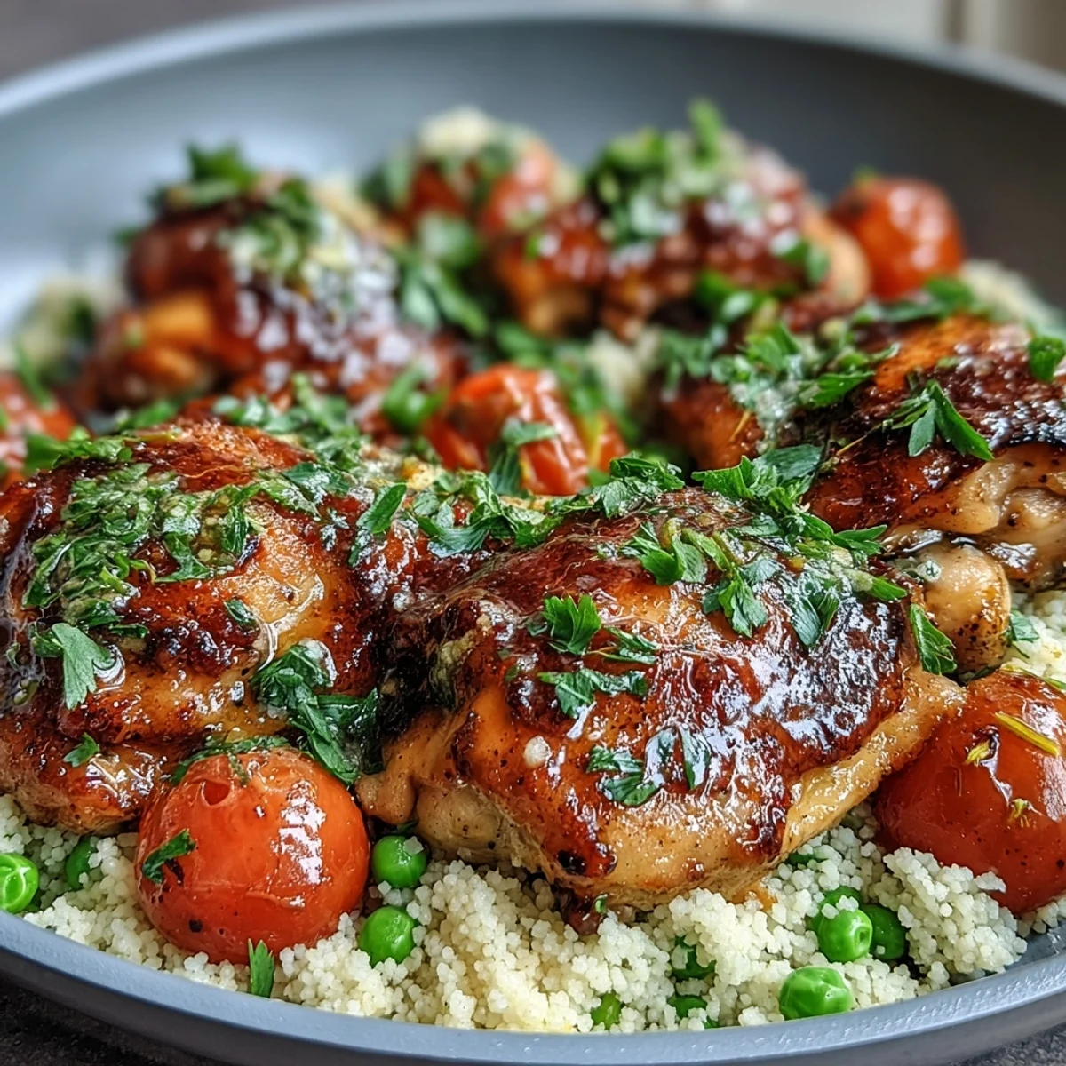 Golden seared chicken breasts rest atop fluffy couscous in a pan, garnished with fresh parsley, cherry tomatoes, and lemon zest.