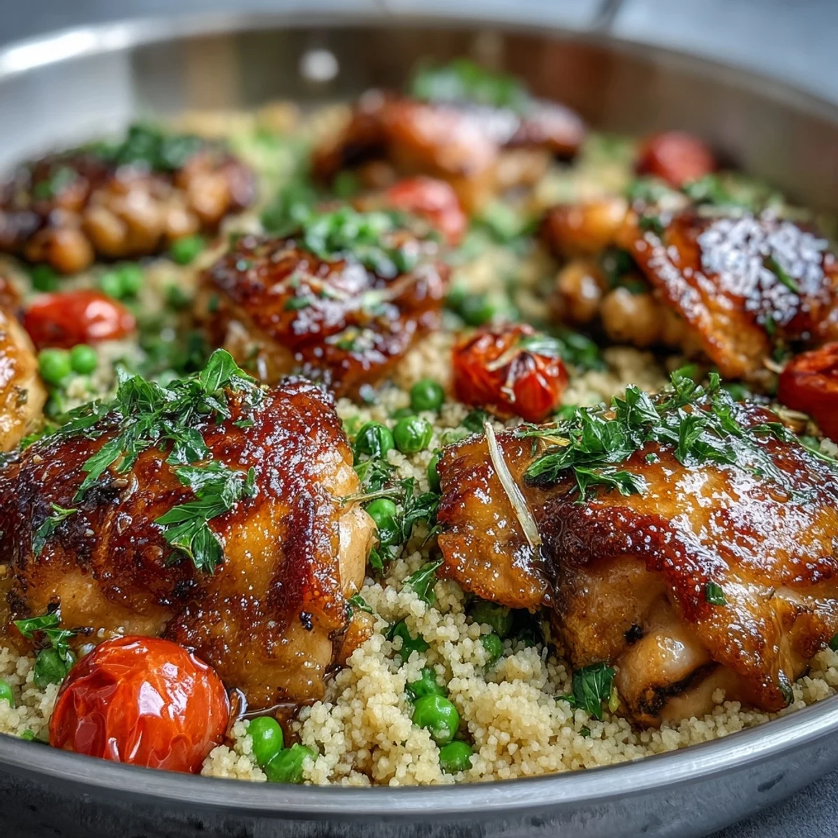 A serving of One-Pan Garlic Butter Chicken Couscous on a white plate, featuring juicy chicken and glistening couscous.