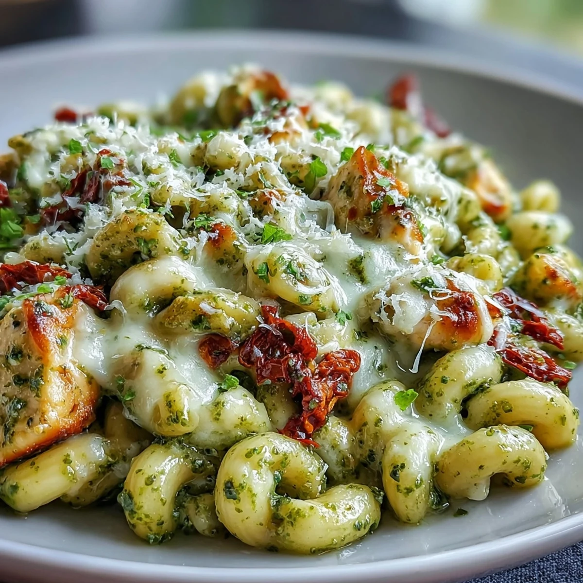 Steaming pot of pesto chicken chili mac topped with extra Parmesan, served in a rustic white bowl.