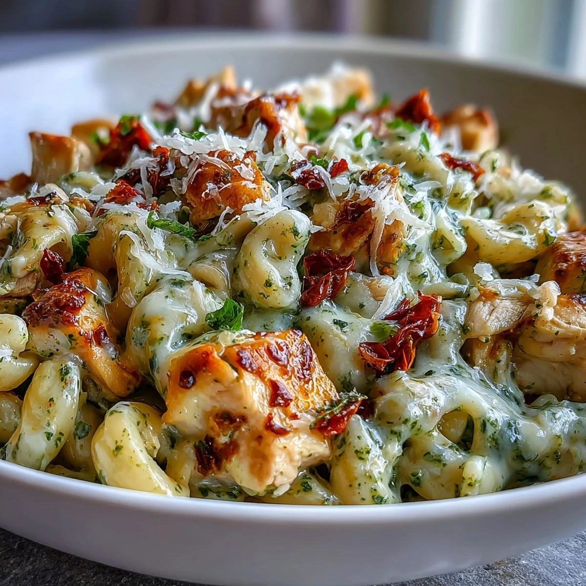 One-bowl comfort food, pesto chicken chili mac with melted cheese and red bell pepper visible, ready to eat.