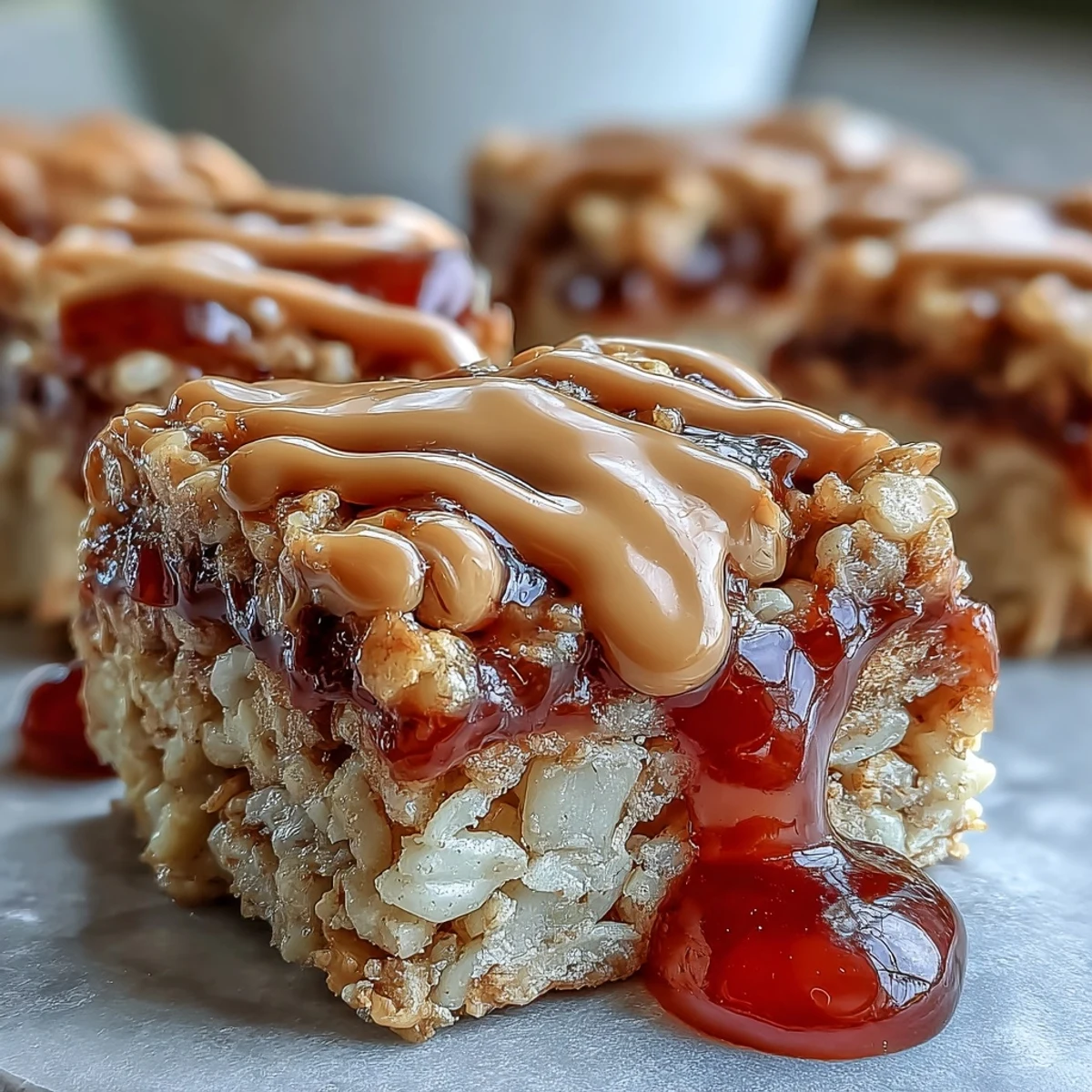 Golden-brown High-Protein PB&J Rice Krispie Bars topped with a thick peanut butter drizzle and strawberry jelly swirls on a wooden board.