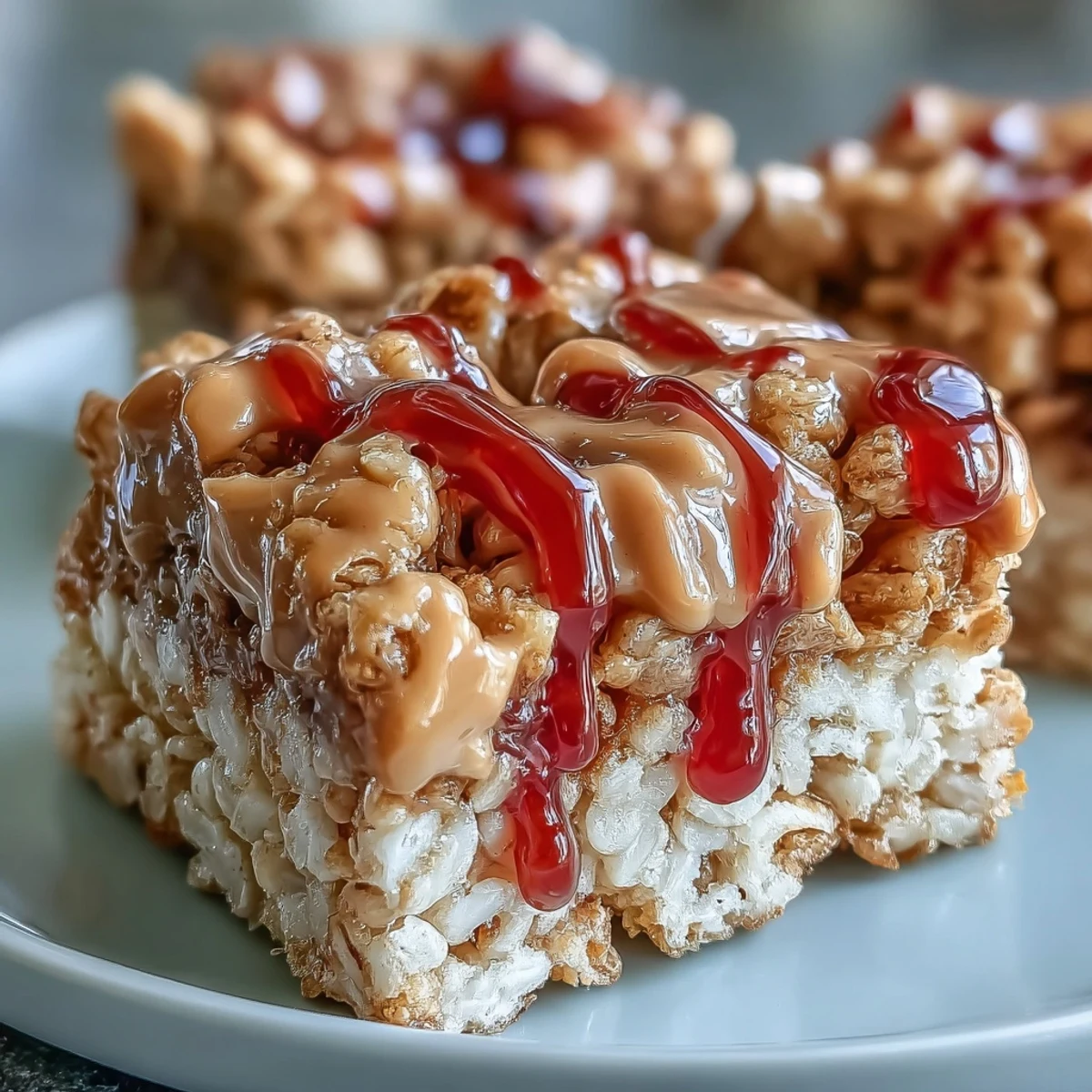 A close-up of chewy High-Protein PB&J Rice Krispie Bars with melted peanut butter and grape jelly, served on a white plate.