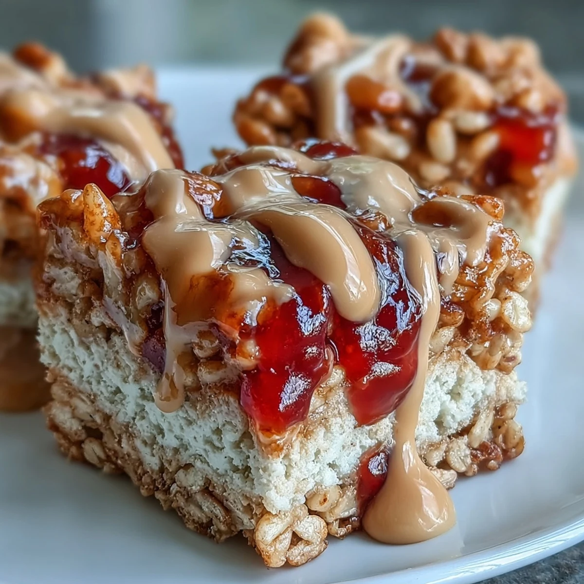 Homemade High-Protein PB&J Rice Krispie Bars stacked high, showing crispy texture and a generous drizzle, perfect for an on-the-go snack.