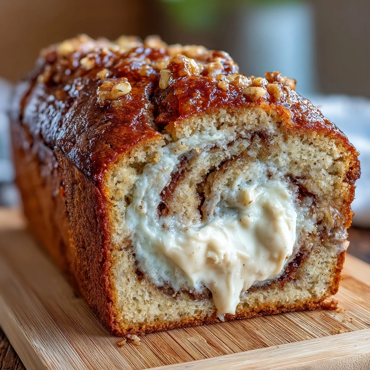 Freshly baked Cream Cheese Cinnamon Swirl Protein Loaf with golden edges, sliced to reveal a moist, protein-rich banana bread crumb and creamy filling.