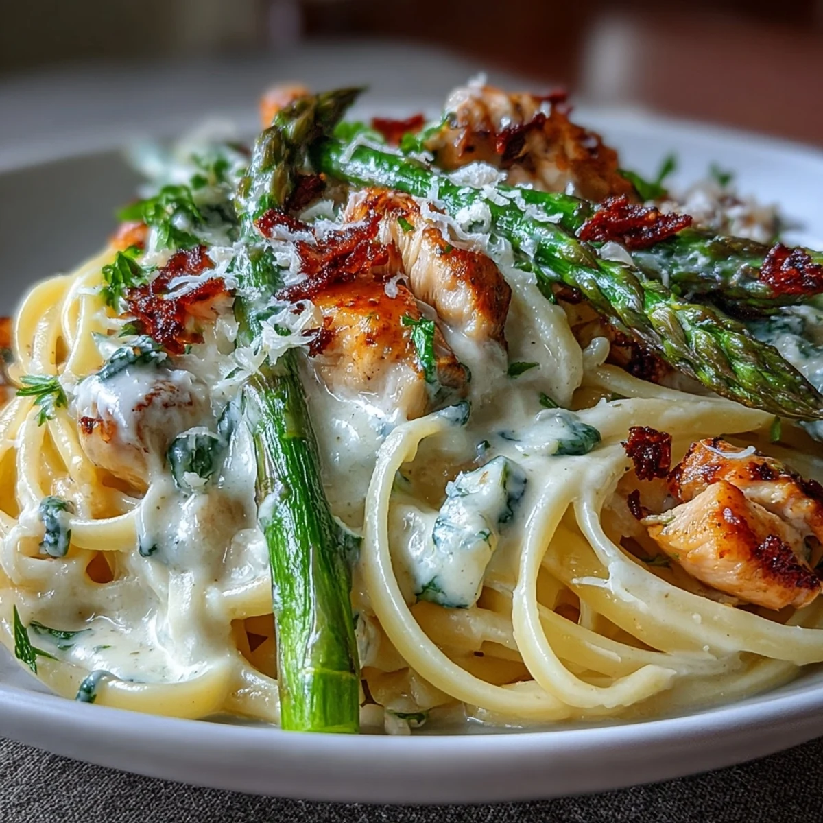 Creamy Asiago Chicken & Asparagus Pasta with golden roasted spears and juicy chicken pieces, plated for dinner.