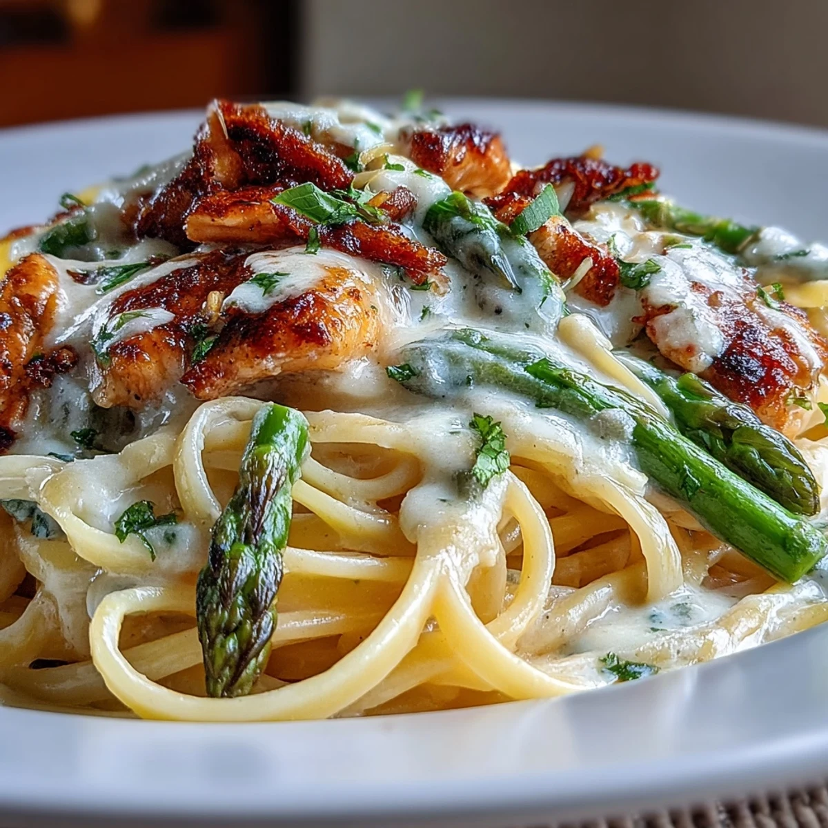 Tender linguine noodles coated in a rich Asiago cheese sauce with garlic-scented cream and zesty lemon.