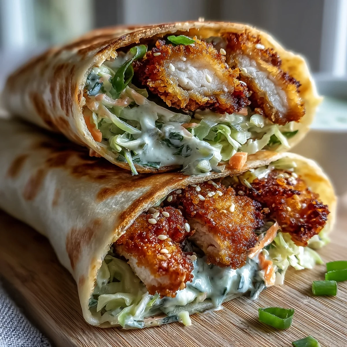 Golden fried Crispy KFC Turkey Snack Wraps sit on a plate next to a colorful bowl of Korean-style slaw for dipping.