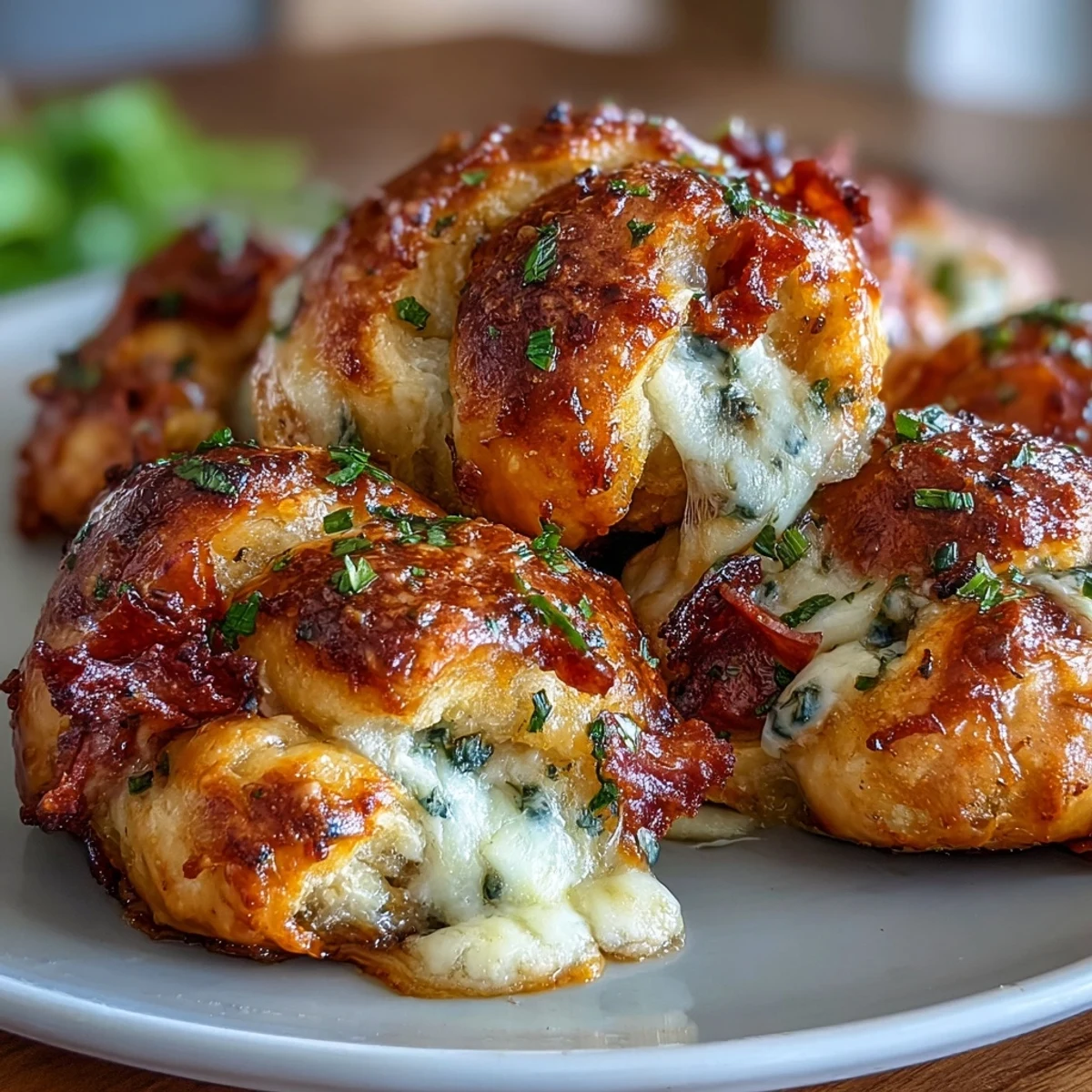 Freshly baked Pizza Roll Stuffed Garlic Knots served warm on a plate with a side of marinara dip.