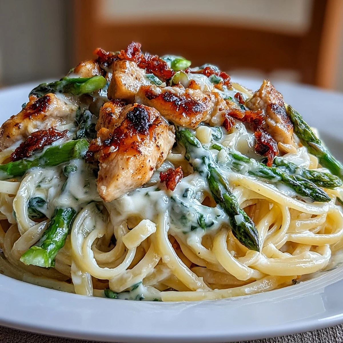 A close-up view of Creamy Asiago Chicken & Asparagus Pasta garnished with fresh parsley and extra cheese, served hot in a rustic bowl.