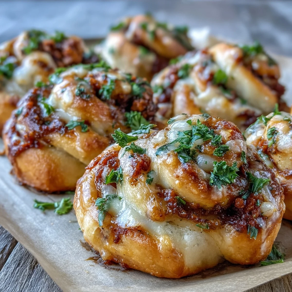 Freshly baked Pizza Roll Stuffed Garlic Knots lined on a parchment paper tray, brushed with garlic butter and garnished with parsley.