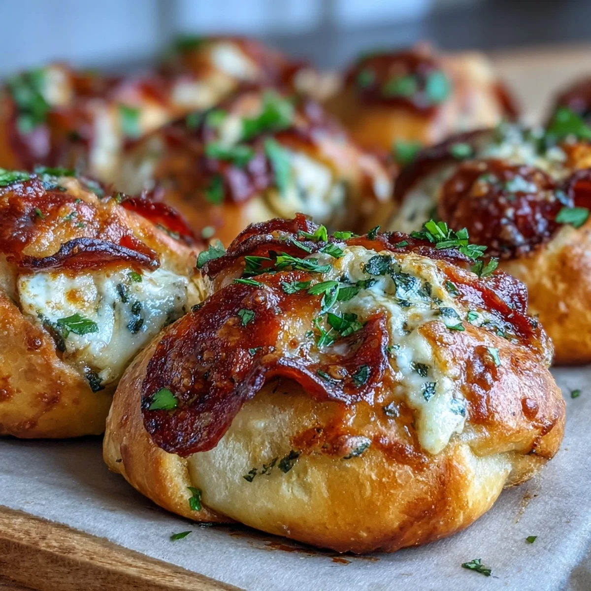 Close-up of a golden, soft Pizza Roll Stuffed Garlic Knot, revealing melted mozzarella and spicy pepperoni inside.