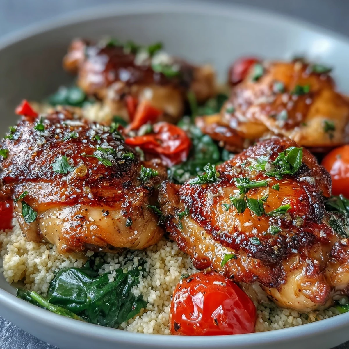 Garlic butter chicken thighs seared golden sit atop fluffy couscous with cherry tomatoes and spinach in the one-pan garlic butter chicken couscous.