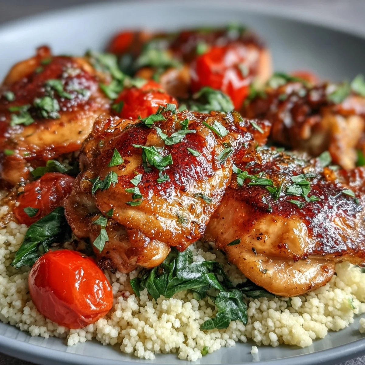 Sizzling one-pan garlic butter chicken couscous reveals tender chicken thighs, steamed couscous, and wilted spinach with fresh lemon zest garnish.