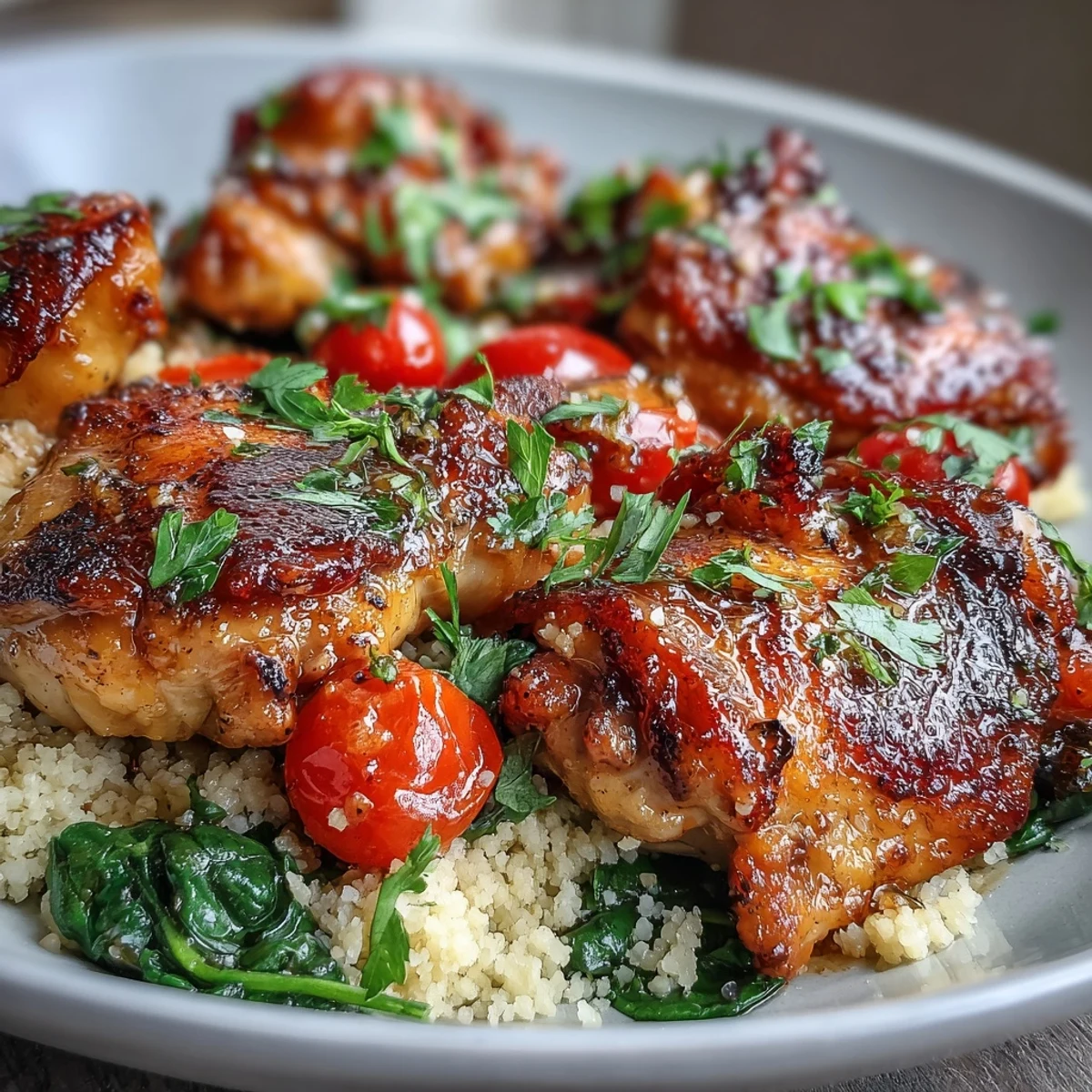 A close look at the one-pan garlic butter chicken couscous shows juicy chicken, plump tomatoes, and herbs on a bed of couscous.