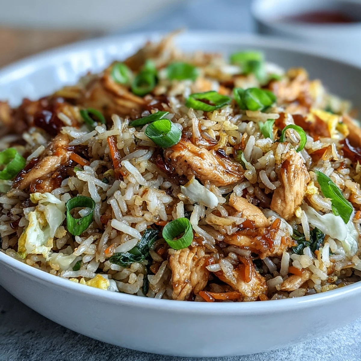 Stir-frying Egg Roll Fried Rice with Chicken, combining tender chicken pieces with fluffy jasmine rice and aromatic ginger.