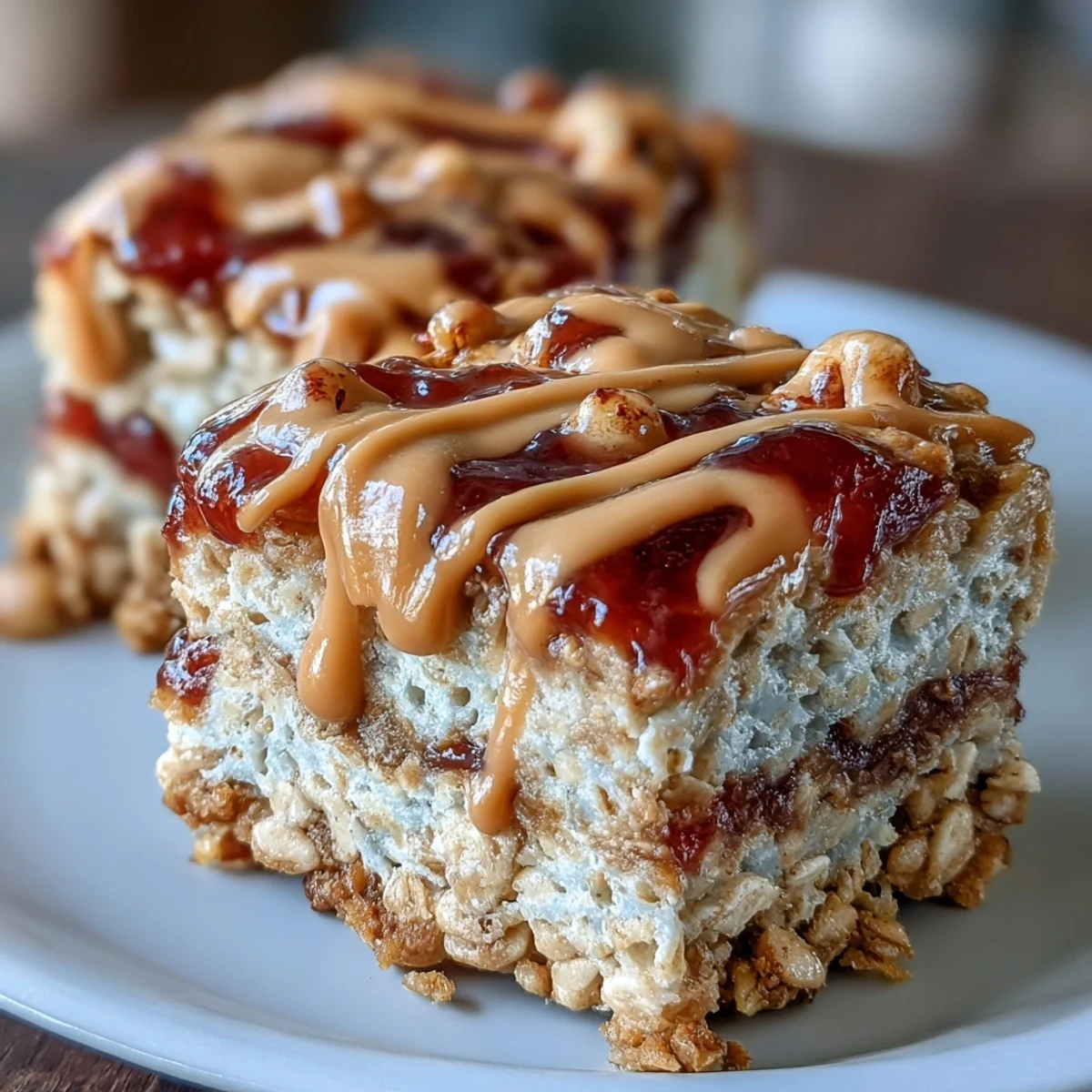 Freshly cut squares of High-Protein PB&J Rice Krispie Bars show a sticky texture and vibrant jelly swirls on top.