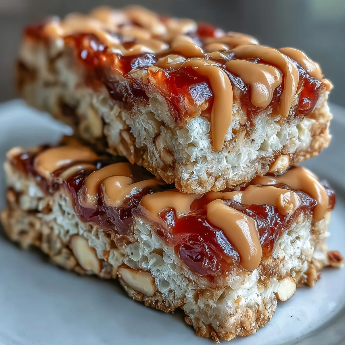 A single High-Protein PB&J Rice Krispie Bar is lifted, revealing a dense, chewy interior and a rich peanut butter drizzle.