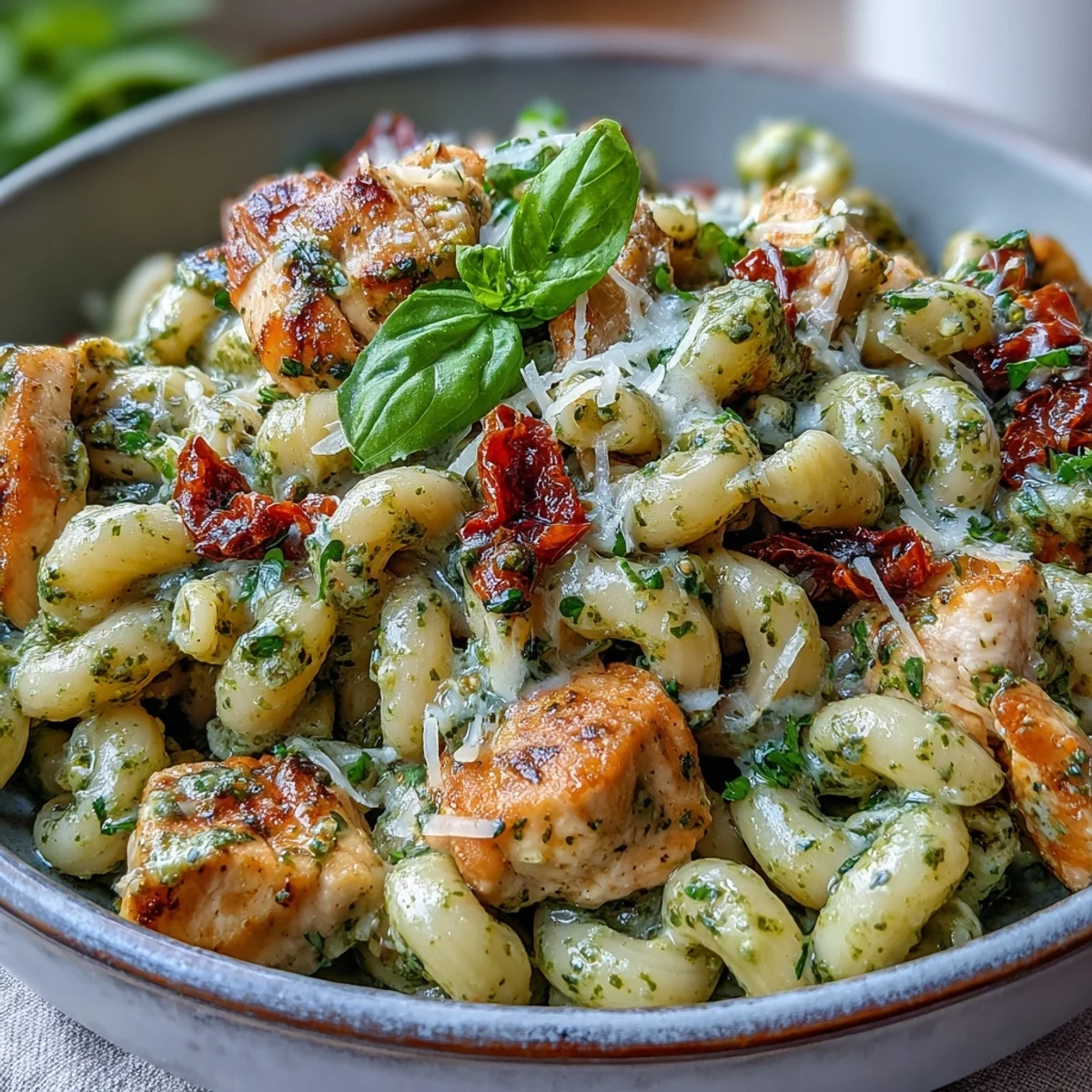 The pot of Pesto Chicken Chili Mac features sun-dried tomatoes and a vibrant green pesto swirl ready to serve.