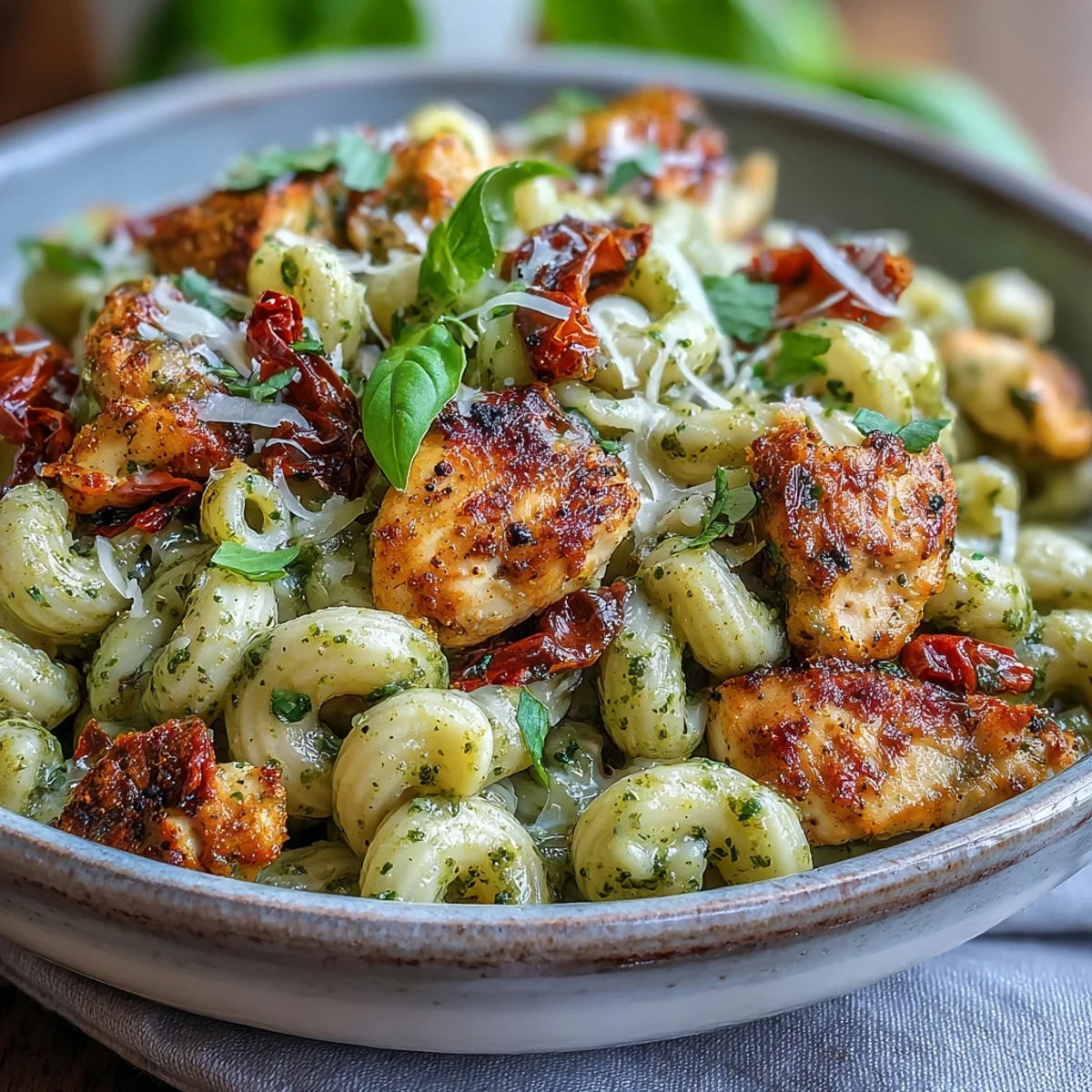 Spoon up a creamy serving of Pesto Chicken Chili Mac, garnished with fresh basil and extra Parmesan for dinner.