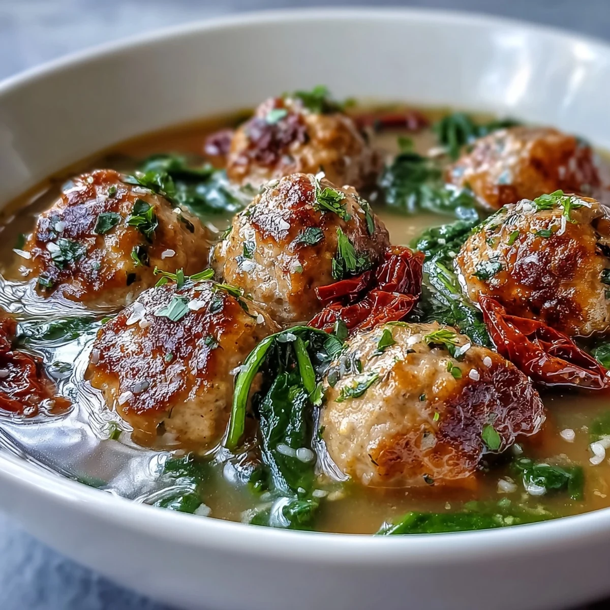 Tender turkey meatballs rest in a creamy garlic Parmesan broth, rich with spinach and bright sun-dried tomatoes.