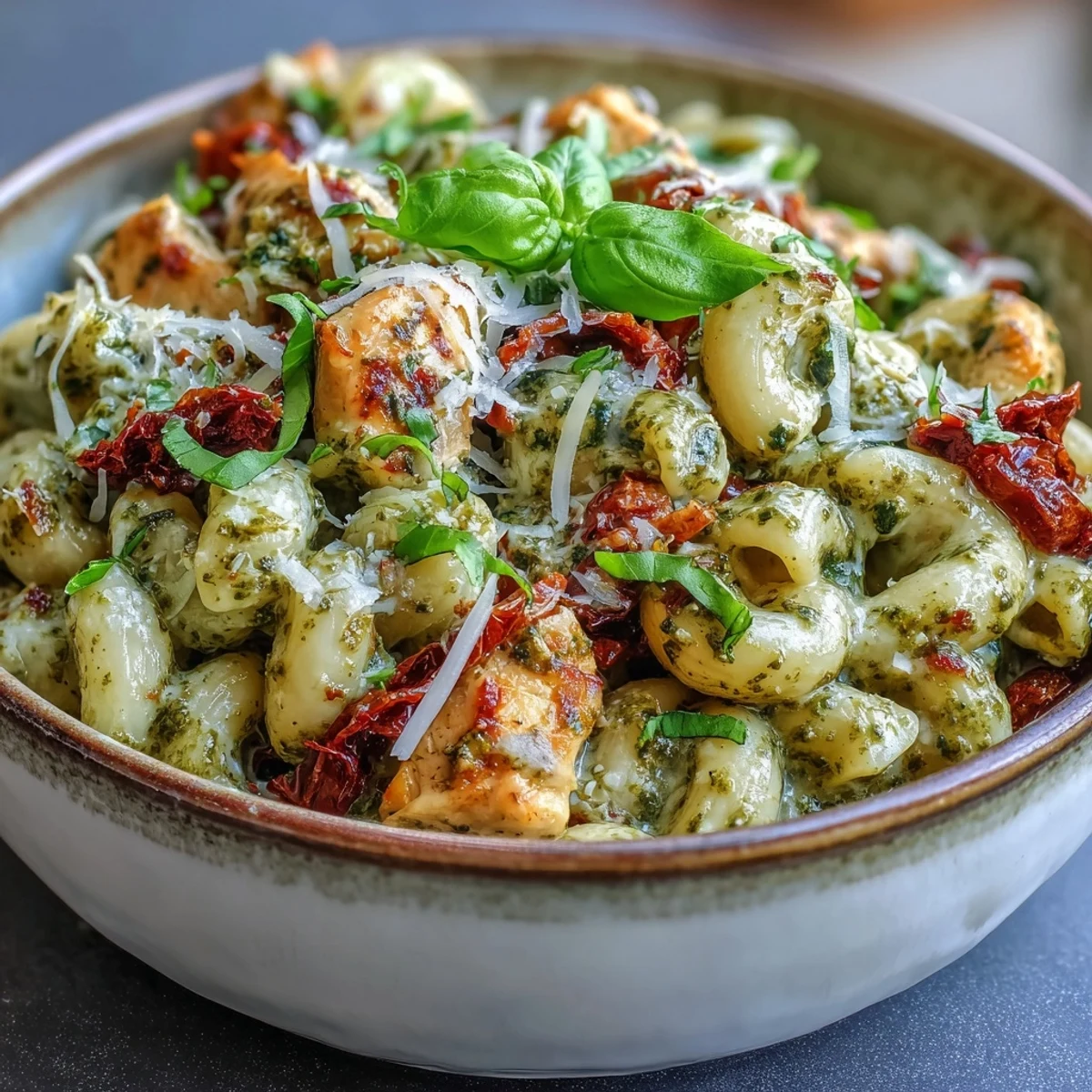 The pot of Pesto Chicken Chili Mac features sun-dried tomatoes and a vibrant green pesto swirl ready to serve.