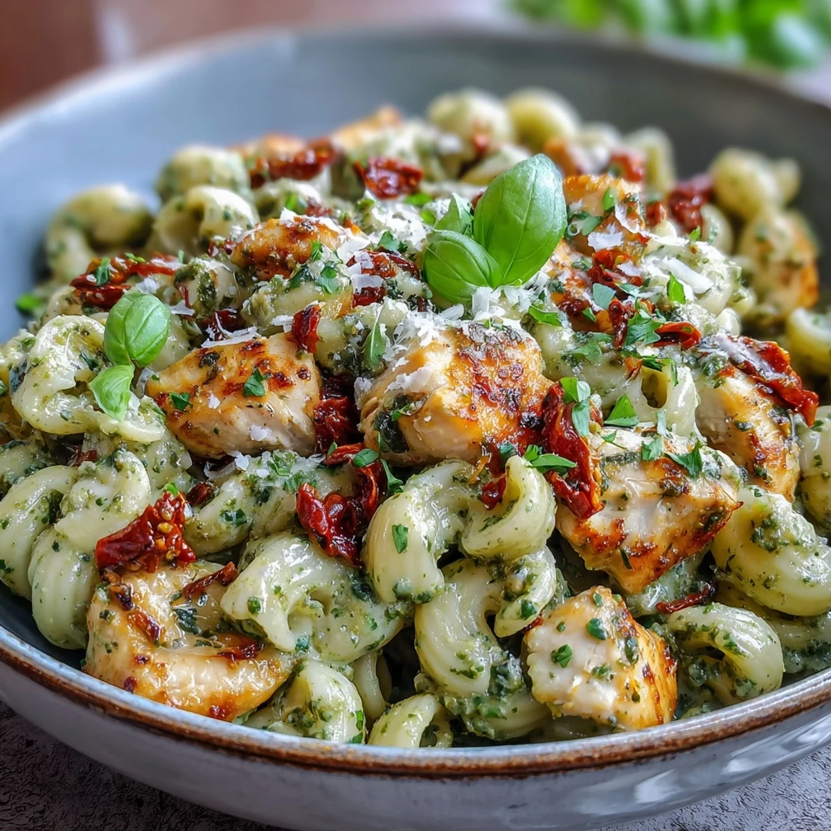 Spoon up a creamy serving of Pesto Chicken Chili Mac, garnished with fresh basil and extra Parmesan for dinner.