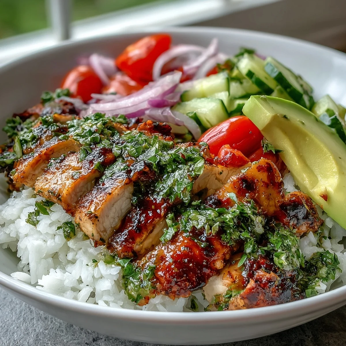 Golden grilled chimichurri chicken slices rest on fluffy rice with bright cherry tomatoes and creamy avocado.